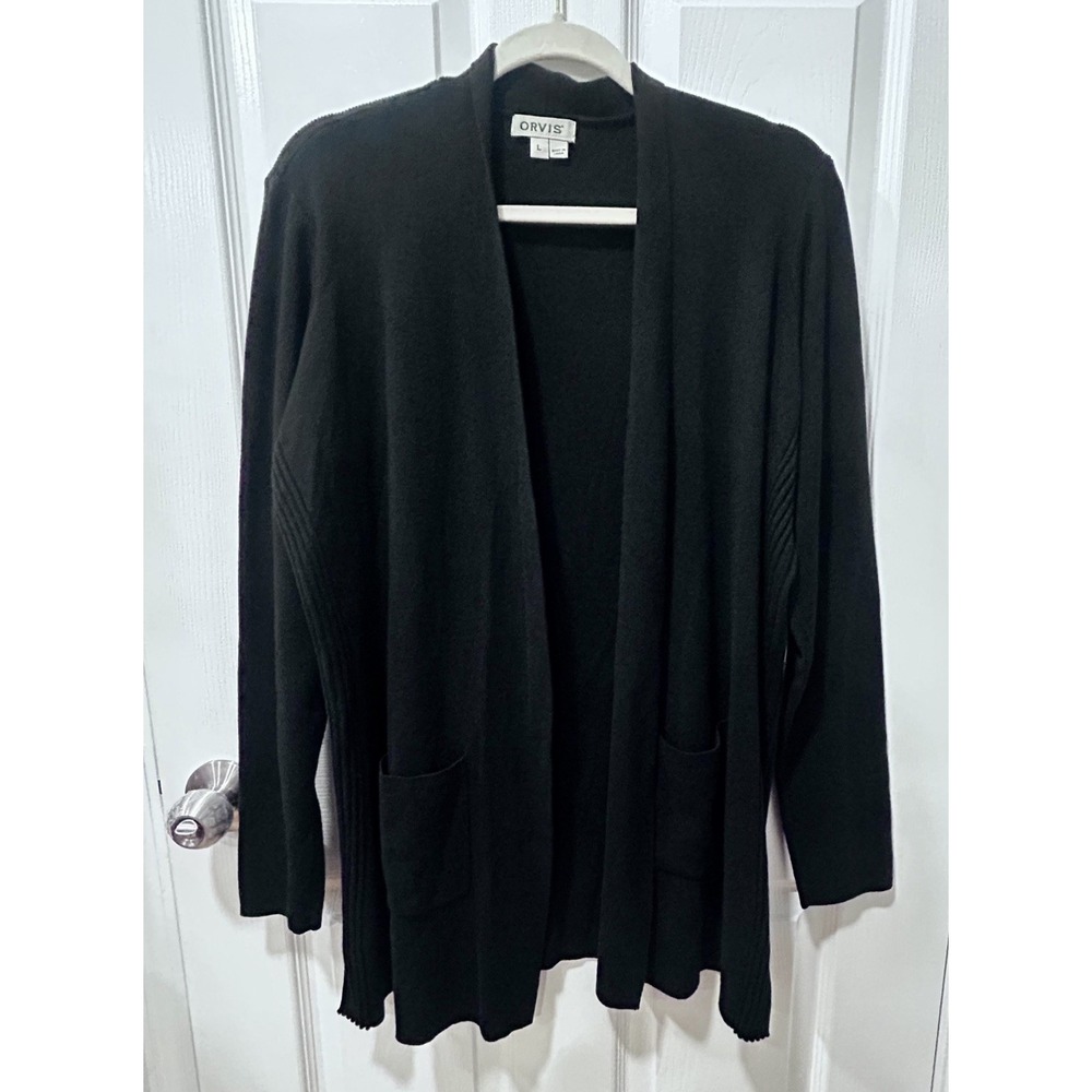 Orvis Womens Wool Blend Open Front Cardigan Size L Black Oversized Quiet Luxury